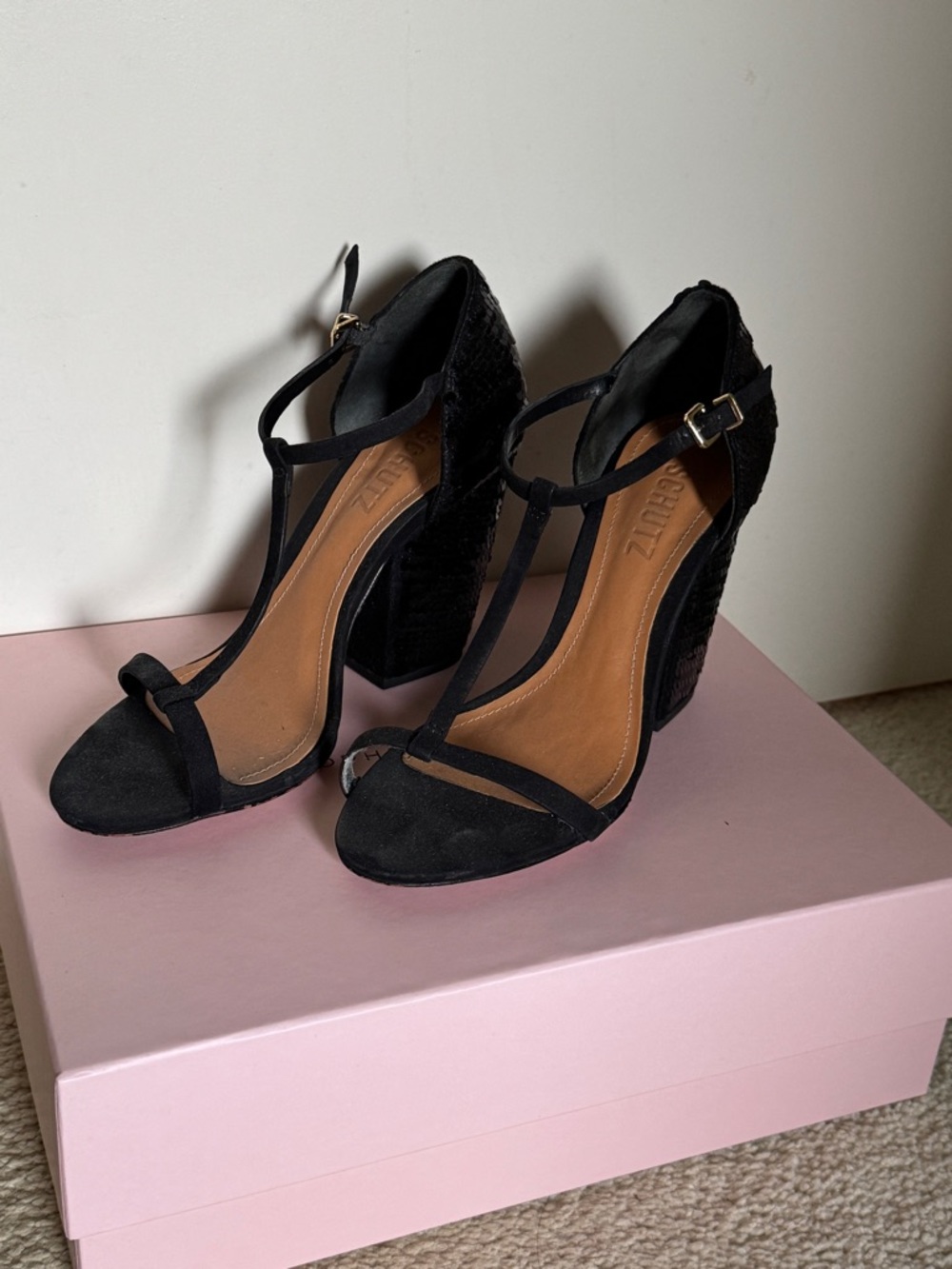 SCHUTZ Black T-Strap sequin Block Heel Sandals